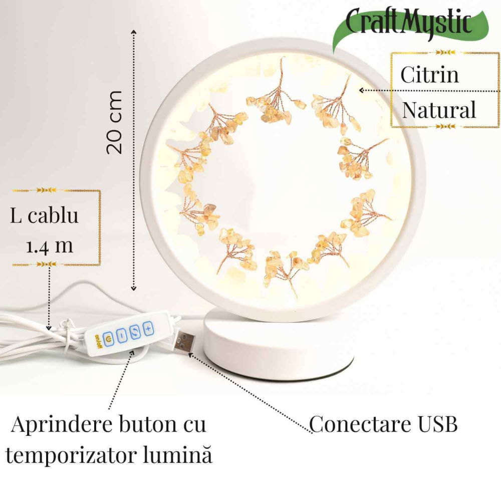 Lampa de Noapte Rotunda cu Cristale Citrin Brut si Rulat – Energie Pozitiva si Calm pentru Casa Ta [3]