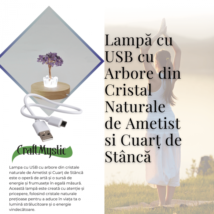 Mini Lampa de Noapte cu Arbore din Ametist Natural - Decoratiune de Birou cu Cristal Alb, Ideala pentru Dormitor si Decor Acasa [3]