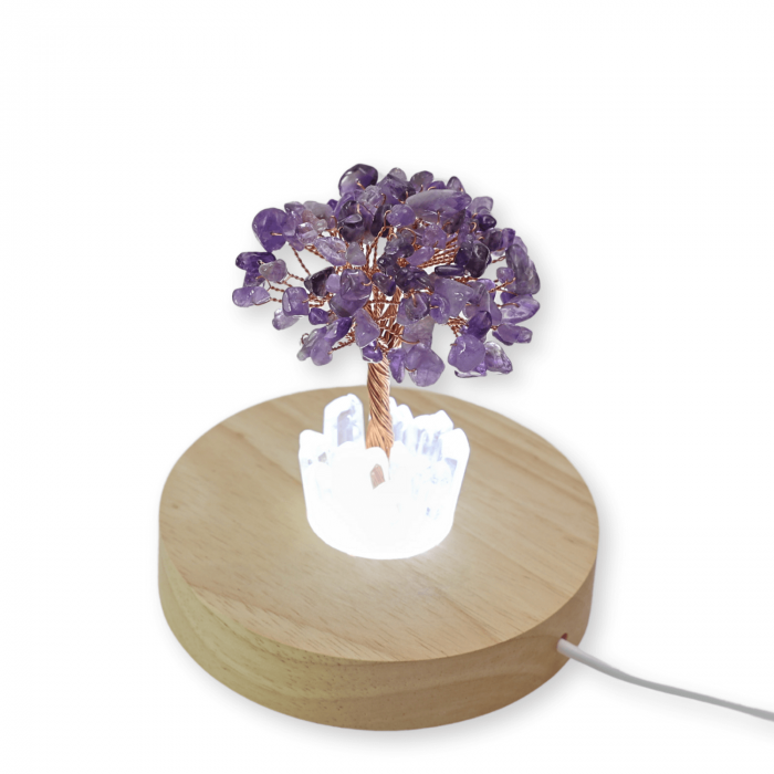 Mini Lampa de Noapte cu Arbore din Ametist Natural - Decoratiune de Birou cu Cristal Alb, Ideala pentru Dormitor si Decor Acasa [1]