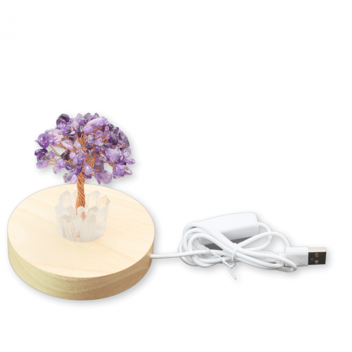 Mini Lampa de Noapte cu Arbore din Ametist Natural - Decoratiune de Birou cu Cristal Alb, Ideala pentru Dormitor si Decor Acasa [2]