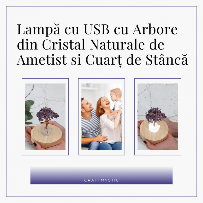 Mini Lampa de Noapte cu Arbore din Ametist Natural - Decoratiune de Birou cu Cristal Alb, Ideala pentru Dormitor si Decor Acasa [4]