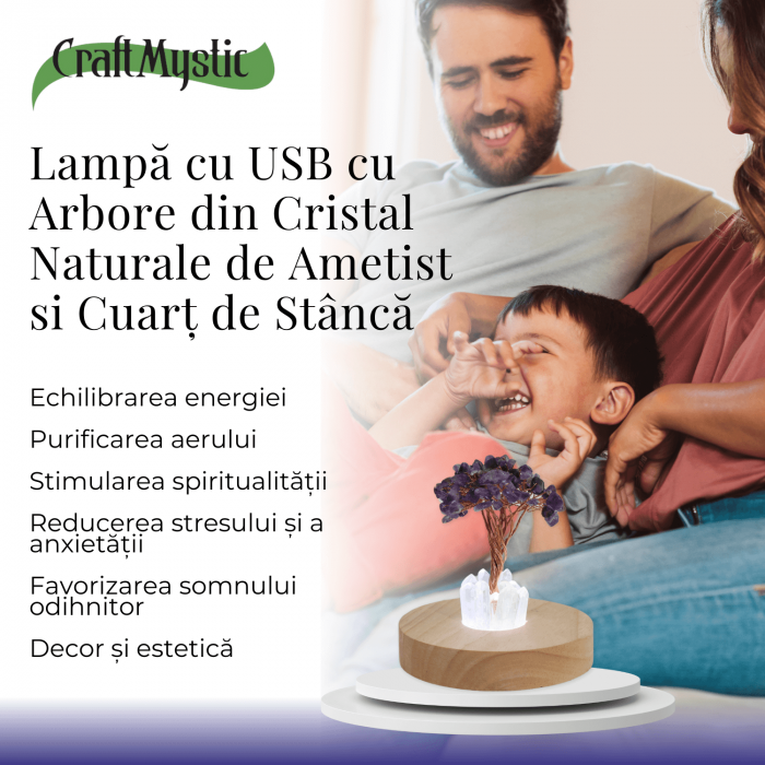Mini Lampa de Noapte cu Arbore din Ametist Natural - Decoratiune de Birou cu Cristal Alb, Ideala pentru Dormitor si Decor Acasa [5]