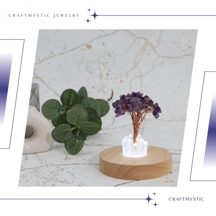 Mini Lampa de Noapte cu Arbore din Ametist Natural - Decoratiune de Birou cu Cristal Alb, Ideala pentru Dormitor si Decor Acasa [8]
