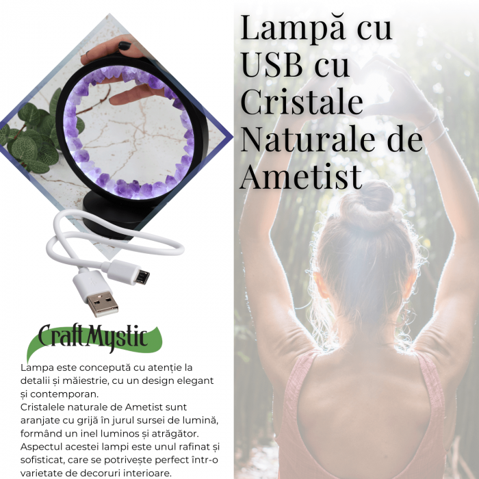 Lampa rotunda de Noapte Naturala cu Cristal de Ametist - USB, Decor Acasa [6]