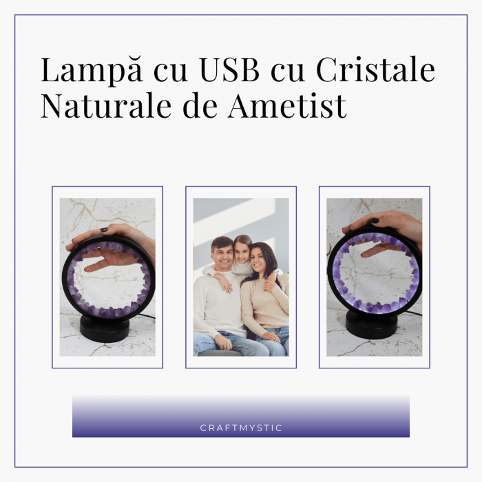 Lampa rotunda de Noapte Naturala cu Cristal de Ametist - USB, Decor Acasa [7]