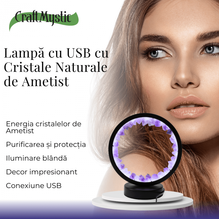 Lampa rotunda de Noapte Naturala cu Cristal de Ametist - USB, Decor Acasa [2]