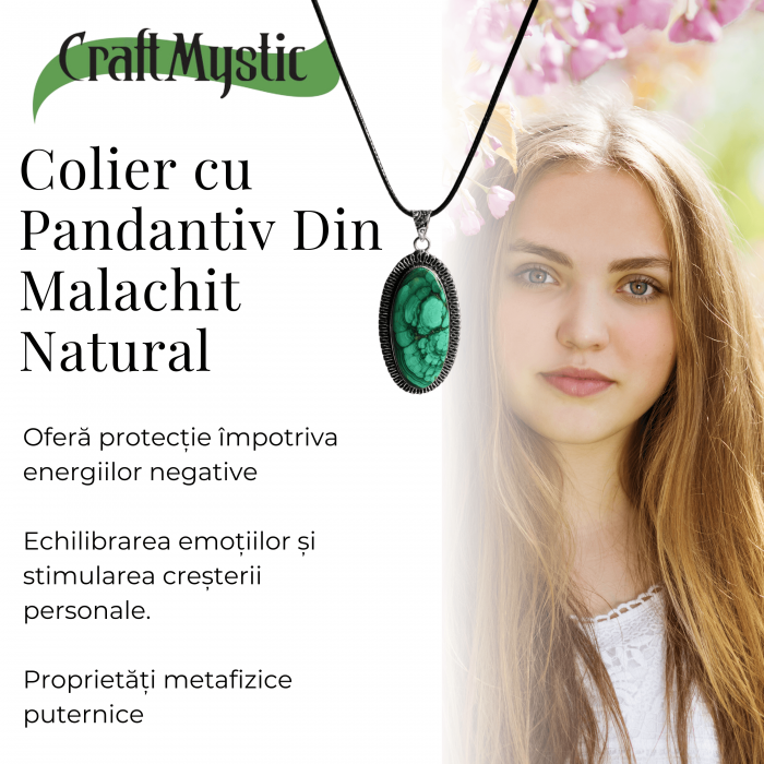 Colier Reglabil cu Pandantiv Argintiu 40mm in Forma Ovala din Malachit Natural [5]