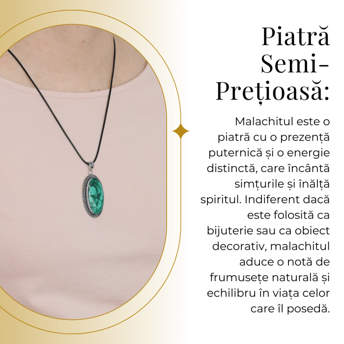 Colier Reglabil cu Pandantiv Argintiu 40mm in Forma Ovala din Malachit Natural [3]