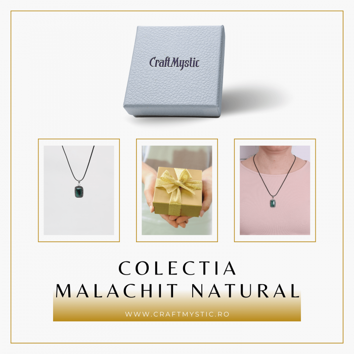 Colier Reglabil cu Pandantiv Argintiu 40mm in Forma Dreptunghiulara din Malachit Natural [5]