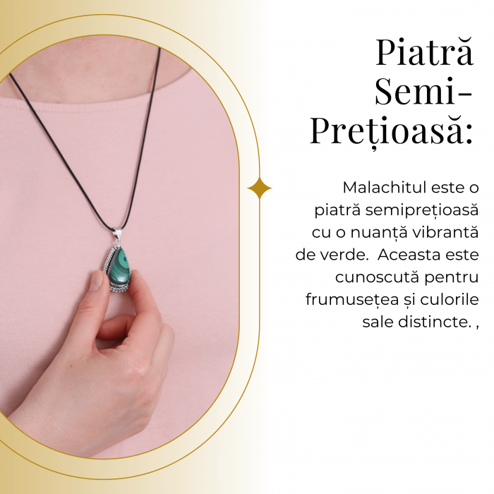 Colier Reglabil cu Pandantiv Argintiu 40mm in Forma de Strop de Ploaie din Malachit Natural [3]