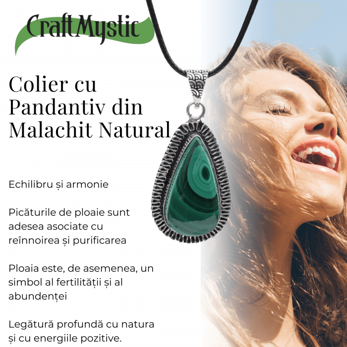 Colier Reglabil cu Pandantiv Argintiu 40mm in Forma de Strop de Ploaie din Malachit Natural [5]