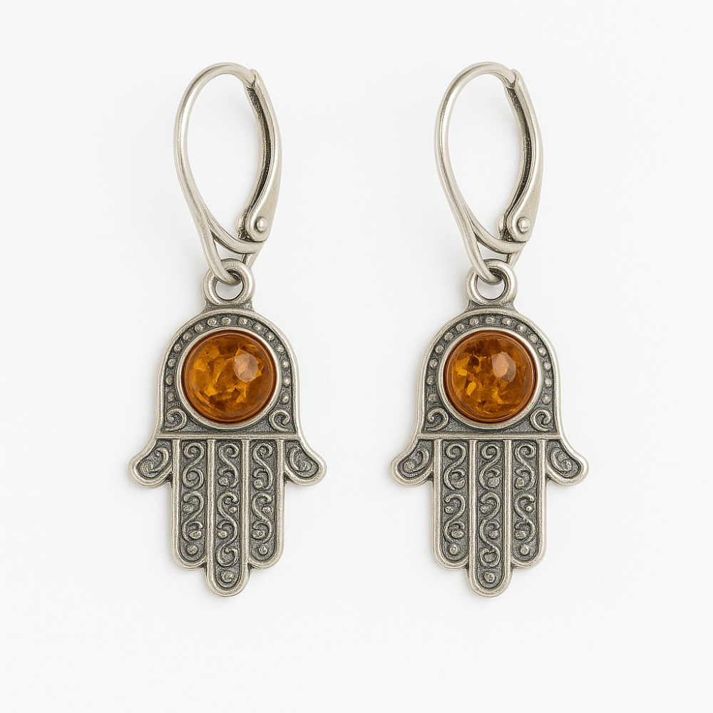 Mana protectiei blande – Cercei cu Mana Fatimei si chihlimbar in montura argint 925 [1]