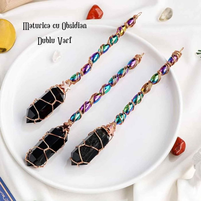 Maturica Decorativa 14 cm cu Obsidian Dublu varf Natural Ornament Handmade Perfect pentru Energie Pozitiva si Noroc in Viata [3]