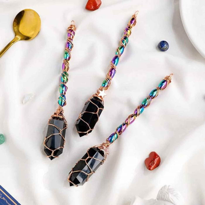 Maturica Decorativa 14 cm cu Obsidian Dublu varf Natural Ornament Handmade Perfect pentru Energie Pozitiva si Noroc in Viata [5]