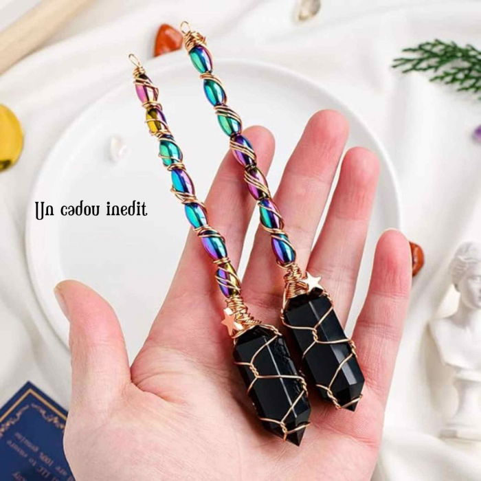 Maturica Decorativa 14 cm cu Obsidian Dublu varf Natural Ornament Handmade Perfect pentru Energie Pozitiva si Noroc in Viata [4]