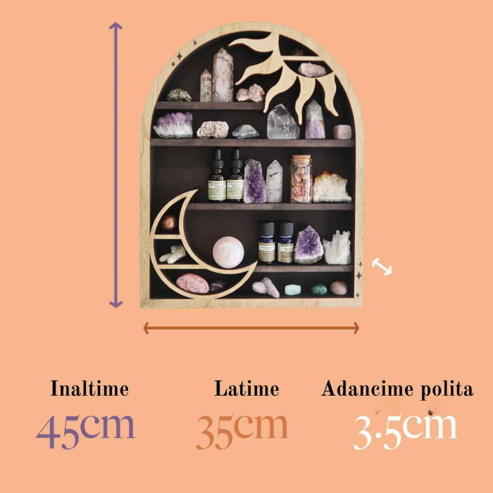 Mini Raft 45x35 cm expunere din lemn pentru cristale, uleiuri esentiale design Soare si Luna - Decorare gotica pentru camera [2]