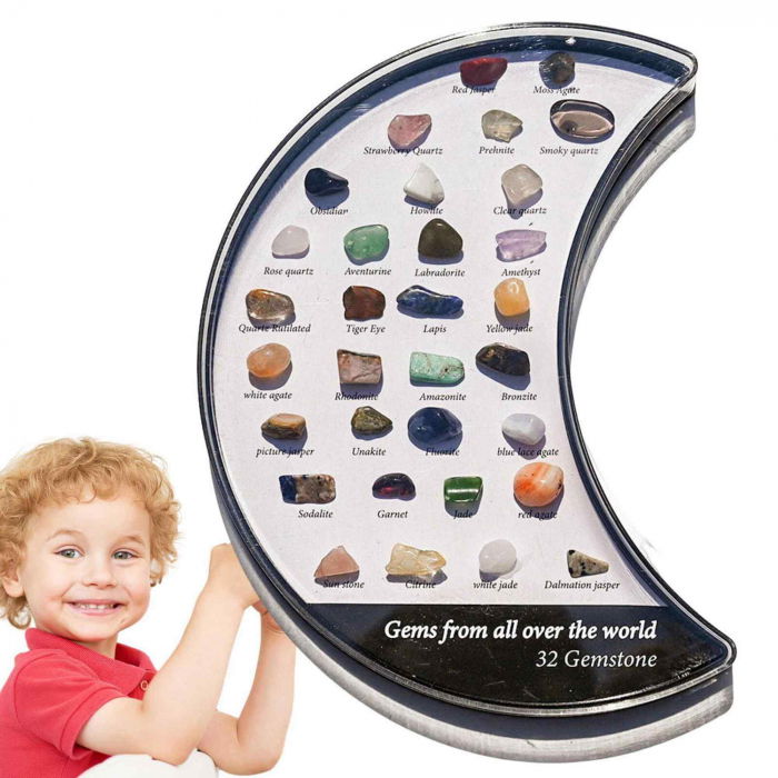 Mini set 32 pietre de colectie | Cutie in forma de luna cu pietre specimen etichetate, educationale pentru baieti si fete [2]