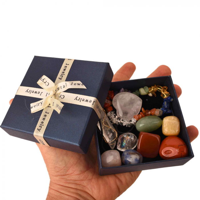 Mini Set cu 8 mini pietre semipretioase polisate, 1 bratara chakra, 1 colier cu cristal de stanca si o inima din cuart roz [3]