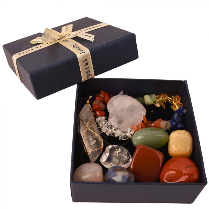 Mini Set cu 8 mini pietre semipretioase polisate, 1 bratara chakra, 1 colier cu cristal de stanca si o inima din cuart roz [9]