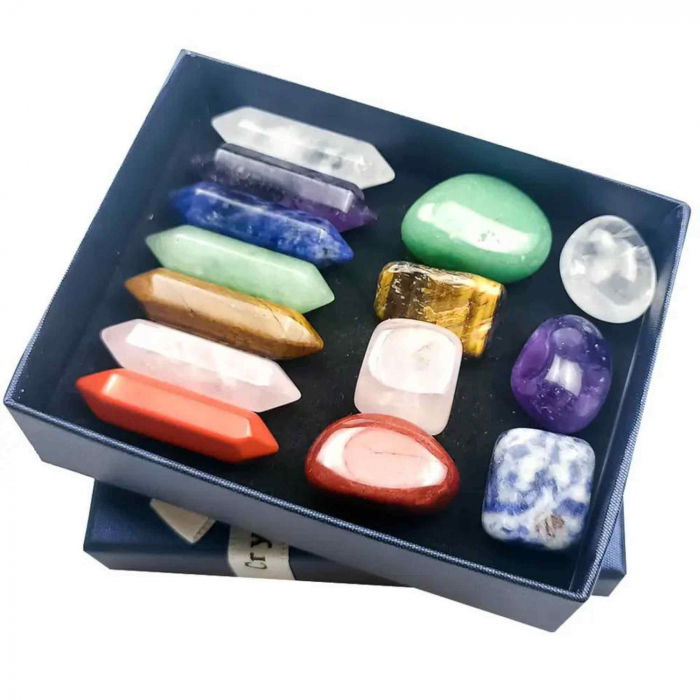 Mini set de cristale vindecatoare cu 14 cristale - Include 7 pietre naturale polisate si 7 turnuri cu dublu varf din cristale [2]