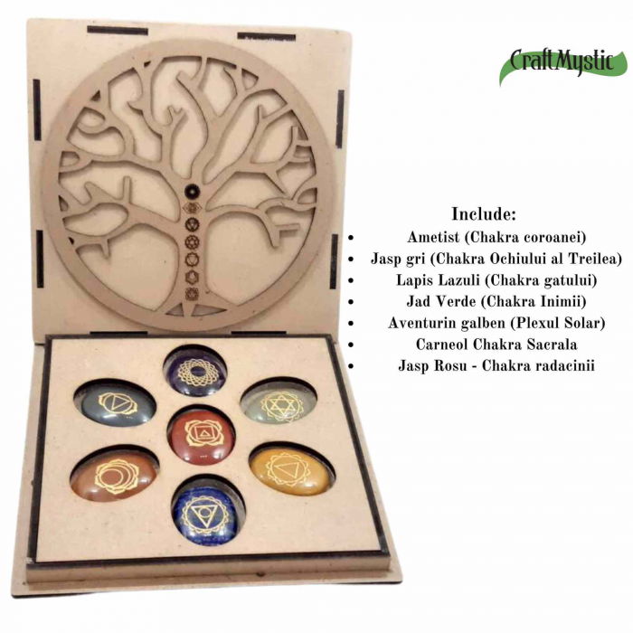 Set Complet cu 7 Pietre Chakra in Forma Ovala, Gravate cu Simboluri Reiki si Pastrate in Cutie din Lemn Natural - Cristale Terapeutice pentru Protectie, Meditatie si Energie Pozitiva [2]