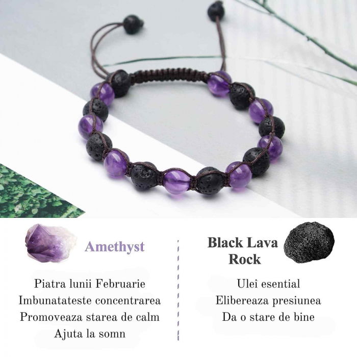 Bratara lucrata manual cu cristale 8mm naturale de ametist si roca vulcanica - Pentru femei protectie energetica pentru noroc si echilibru [2]