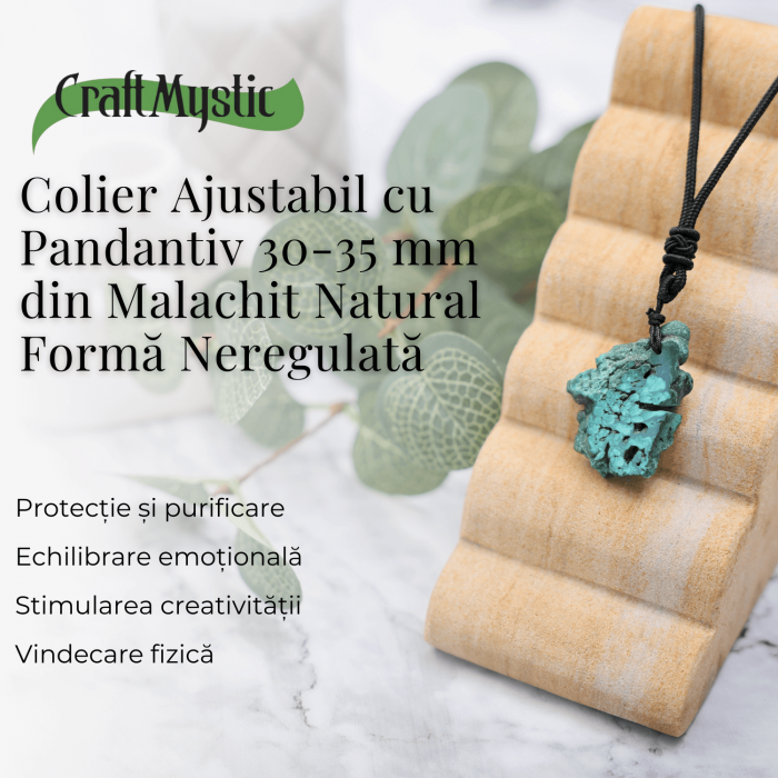 Colier Ajustabil cu Pandantiv din Malachit Natural, Forma Neregulata, 30-35mm [4]