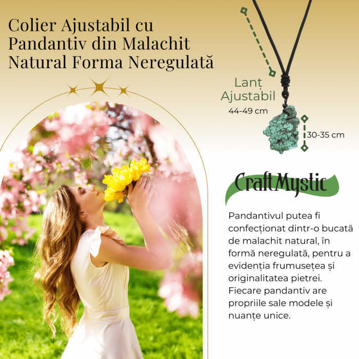 Colier Ajustabil cu Pandantiv din Malachit Natural, Forma Neregulata, 30-35mm [3]