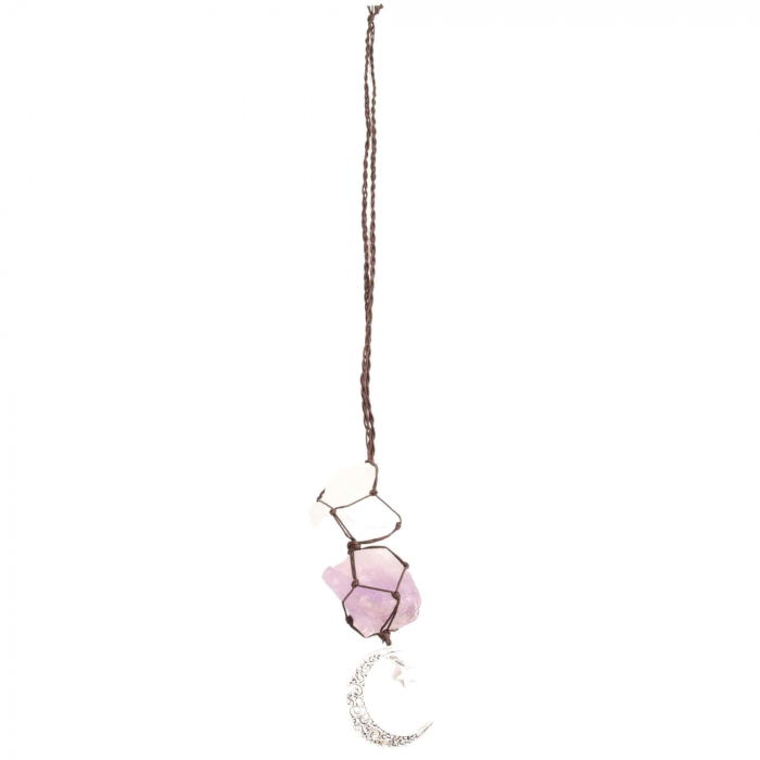 Ornament de agatat cu cristale vindecatoare Ametist si Turmalina Neagra, accesorii sub forma de semiluna si steluta Decor feng shui pentru oglinda masinii, casa si birou [4]