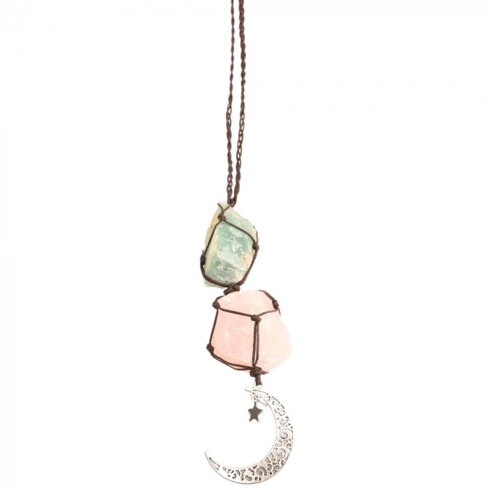 Ornament de agatat cu cristale vindecatoare Ametist si Turmalina Neagra, accesorii sub forma de semiluna si steluta Decor feng shui pentru oglinda masinii, casa si birou [1]