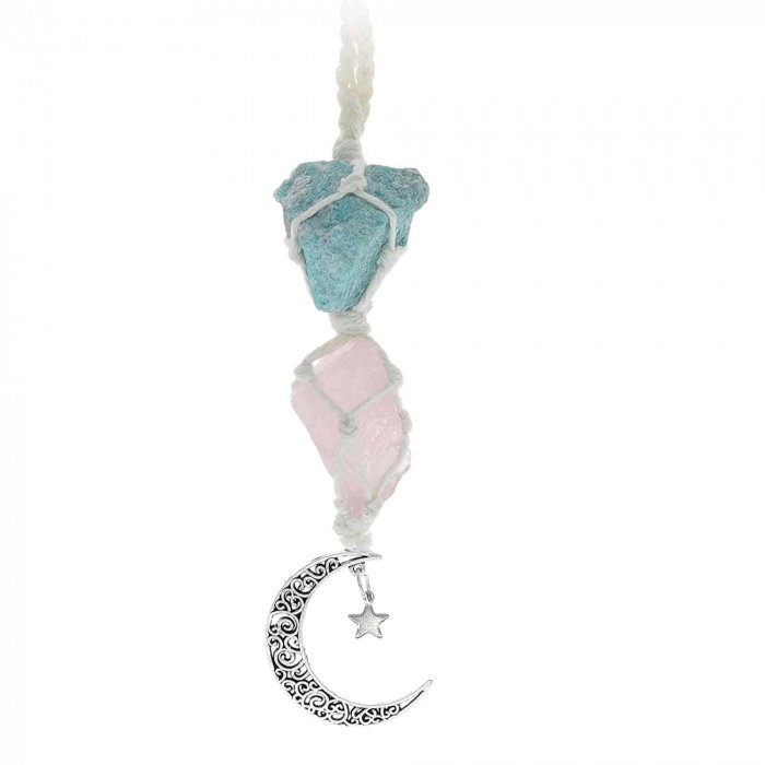 Ornament de agatat cu cristale vindecatoare Ametist si Turmalina Neagra, accesorii sub forma de semiluna si steluta Decor feng shui pentru oglinda masinii, casa si birou [1]