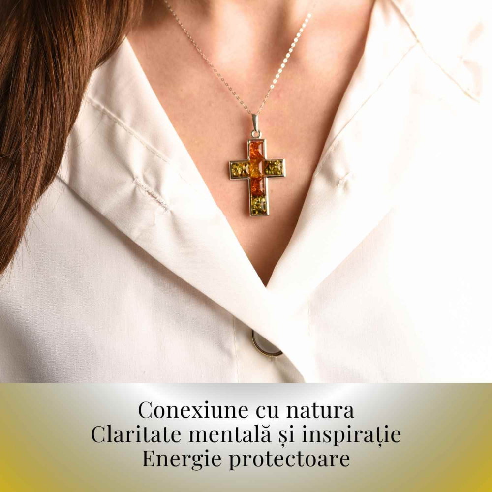 Colier argint 925 cu chihlimbar natural - crucea protectiei [8]