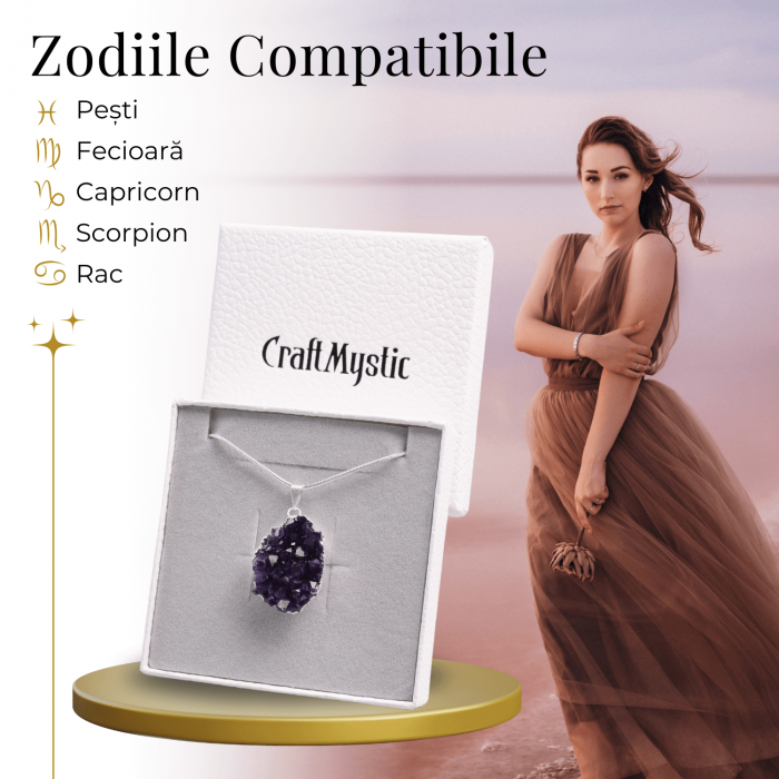 Colier deosebit cu Lant Argintiu si Pandantiv din Ametist Druzy Natural, 20-30mm [6]