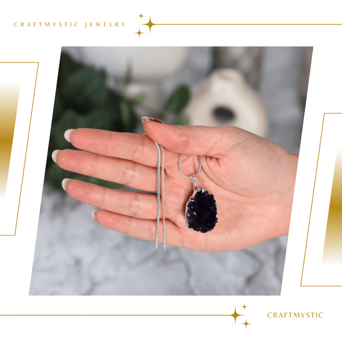 Colier deosebit cu Lant Argintiu si Pandantiv din Ametist Druzy Natural, 20-30mm [4]