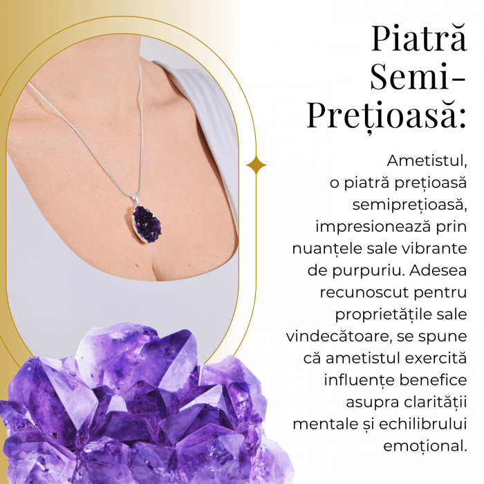 Colier deosebit cu Lant Argintiu si Pandantiv din Ametist Druzy Natural, 20-30mm [7]