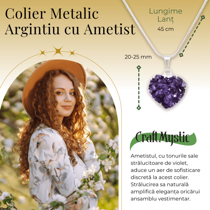 Colier Delicat cu Lant Argintiu si Pandantiv din Ametist Druzy Natural in Forma de Inima, 20-25mm [2]