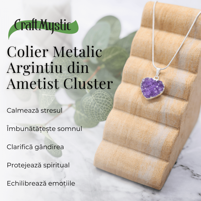 Colier Delicat cu Lant Argintiu si Pandantiv din Ametist Druzy Natural in Forma de Inima, 20-25mm [6]