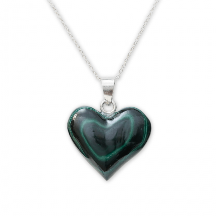 Colier Elegant cu Lant Argintiu si Pandantiv din Malachit Natural in Forma de Inima, 25mm [1]