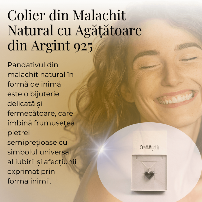 Colier Elegant cu Lant Argintiu si Pandantiv din Malachit Natural in Forma de Inima, 25mm [6]