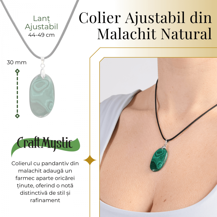 Colier cu Lant Reglabil si Pandantiv Oval din Malachit Natural 30mm [2]