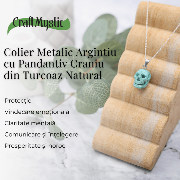 Colier Stilat cu Lant Argintiu si Pandantiv din Turcoaz Natural in Forma de Craniu, 20mm [6]