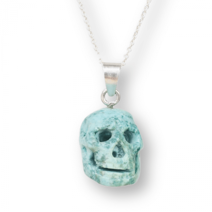 Colier Stilat cu Lant Argintiu si Pandantiv din Turcoaz Natural in Forma de Craniu, 20mm [1]