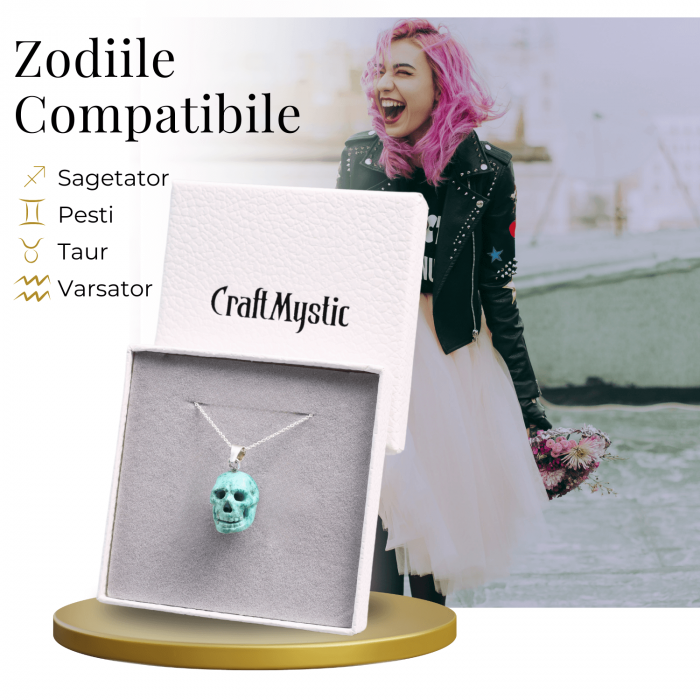 Colier Stilat cu Lant Argintiu si Pandantiv din Turcoaz Natural in Forma de Craniu, 20mm [3]