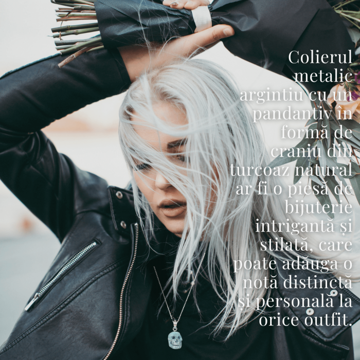 Colier Stilat cu Lant Argintiu si Pandantiv din Turcoaz Natural in Forma de Craniu, 20mm [2]