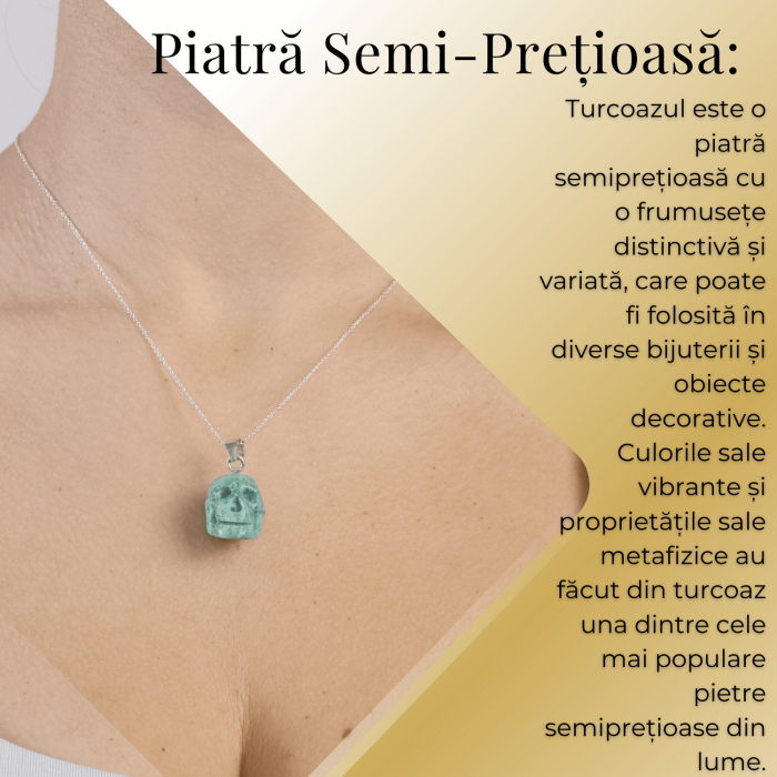 Colier Stilat cu Lant Argintiu si Pandantiv din Turcoaz Natural in Forma de Craniu, 20mm [4]