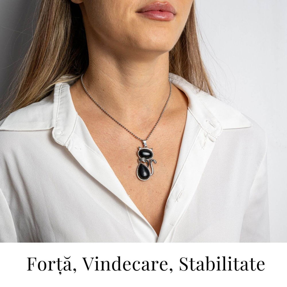 Protectie si Echilibru – Colier Pisica din Otel Inoxidabil cu Obsidian [2]