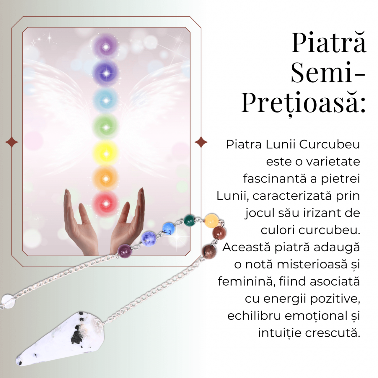 Pendul Piatra Lunii Curcubeu cu 7 Margele Chakre - Echilibru si Claritate [6]