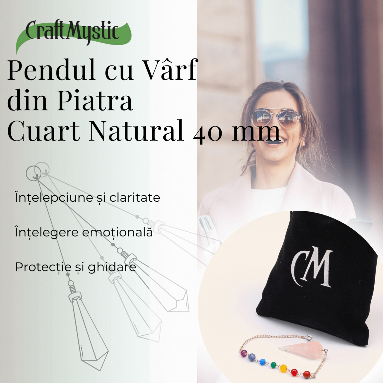 Pendul din Cuart Roz cu 7 Margele Chakre pentru Vindecare [4]
