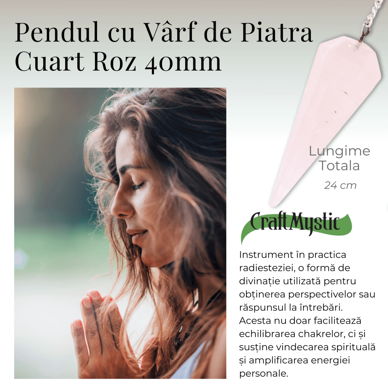 Pendul din Cuart Roz cu 7 Margele Chakre pentru Vindecare [7]