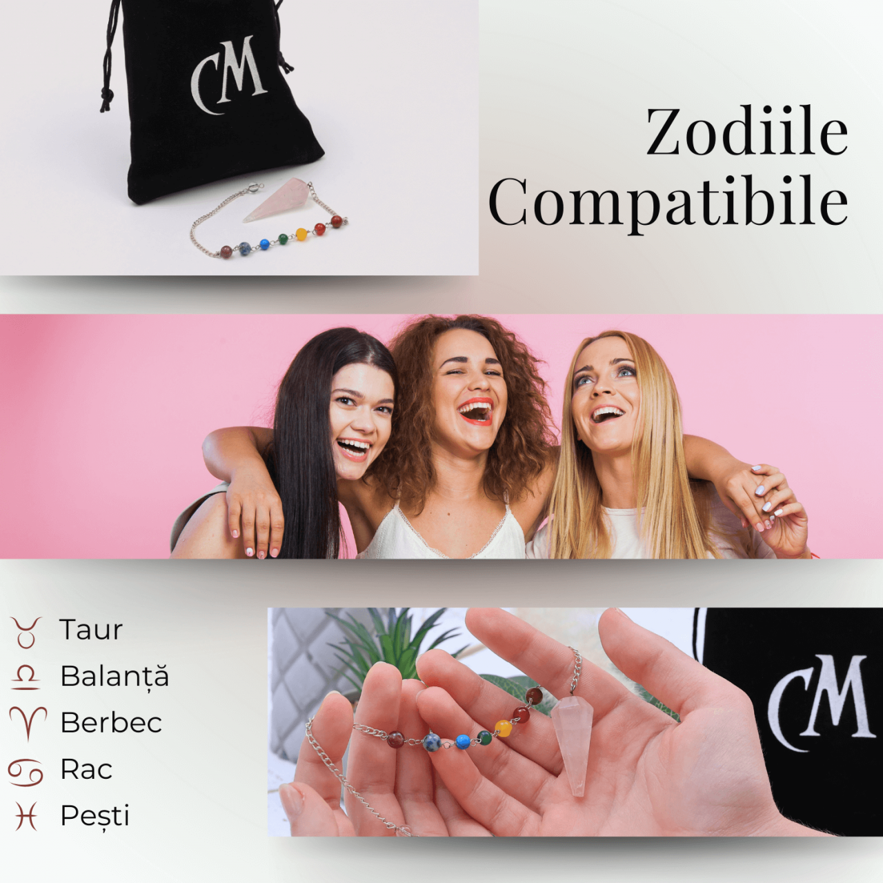 Pendul din Cuart Roz cu 7 Margele Chakre pentru Vindecare [8]